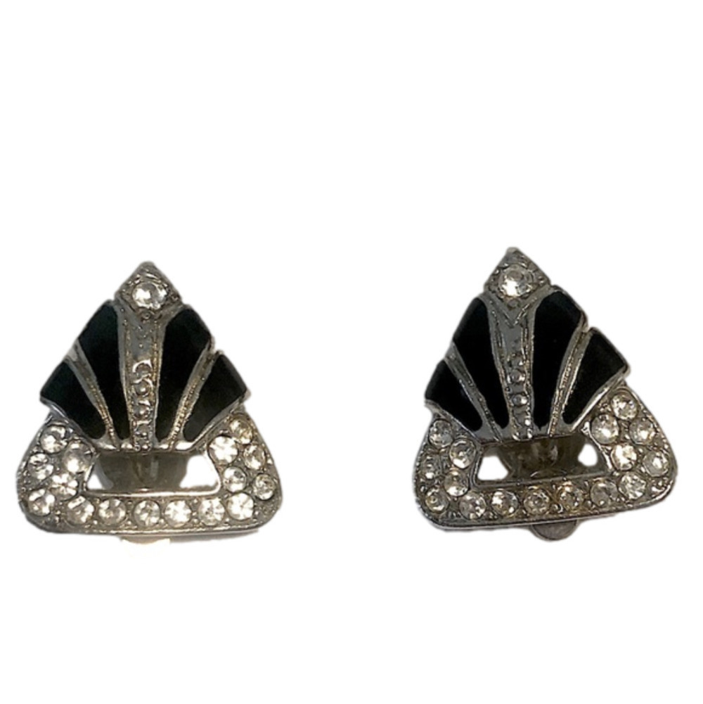 𝅺vtg Richelieu Art Deco Style Silver Tone Black Rhinestone Clip On Earrings 7mm